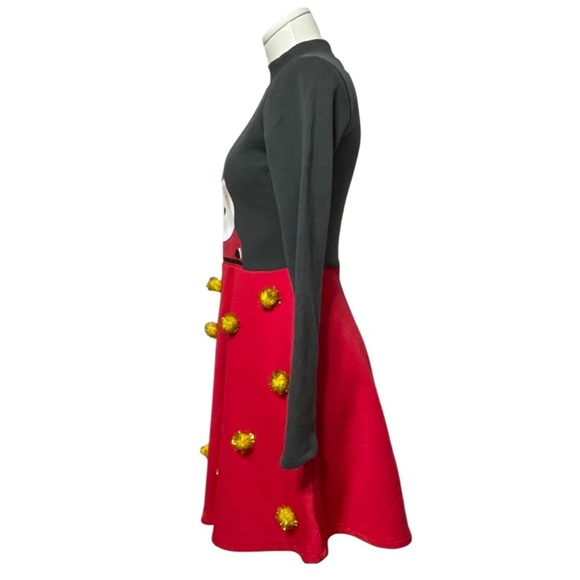 Christmas dress embellished santa golden pom poms red and gray fleece lined - Picture 3 of 8